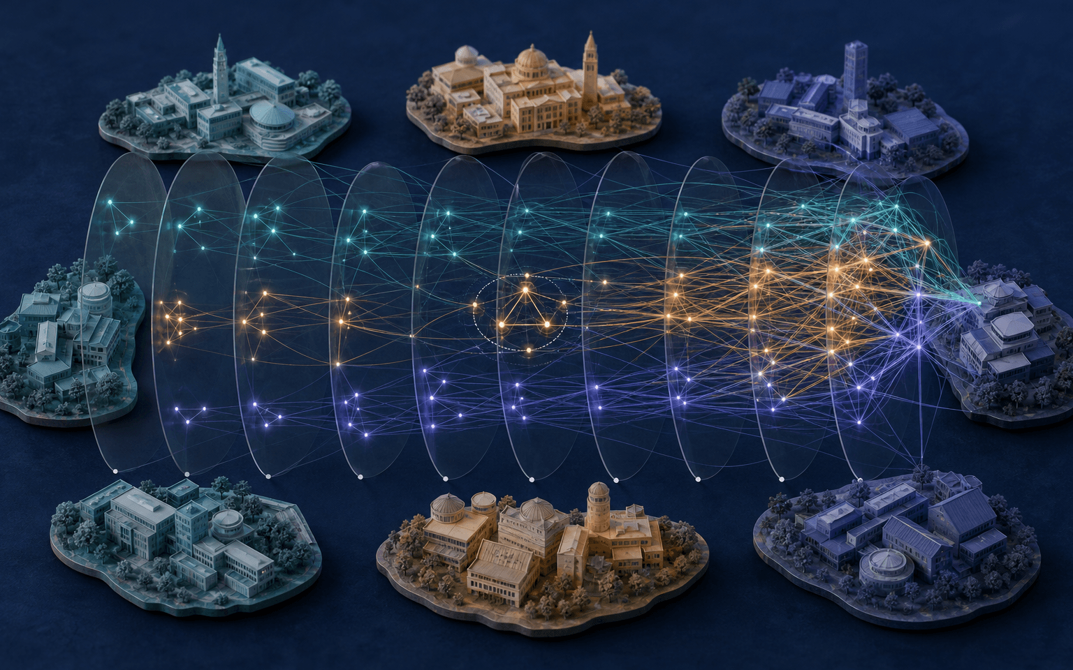 Miniature campus islands surrounding seven translucent network time planes with teal, amber, and violet collaboration ties