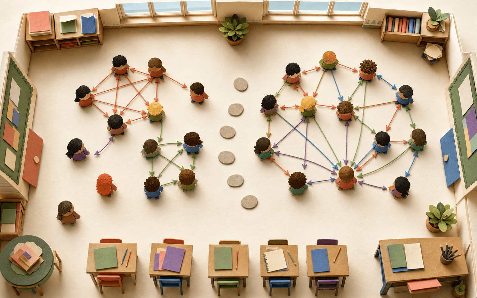 Top-down paper classroom showing sparse and more inclusive directed friendship networks before and after six unlabeled steps