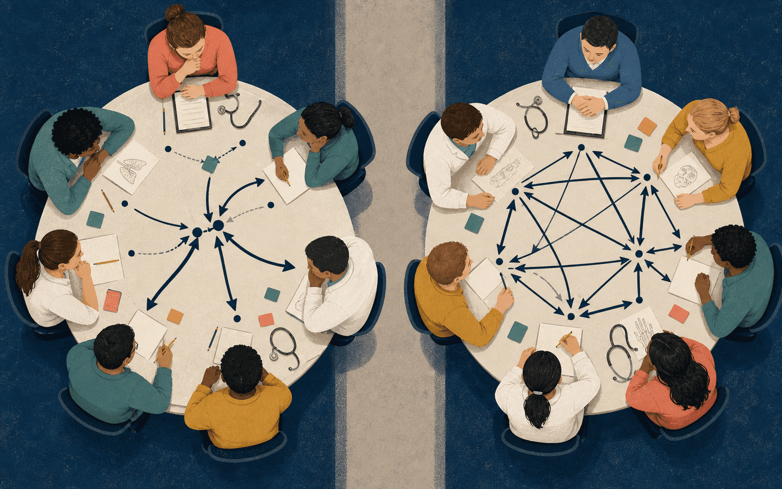 Overhead editorial illustration of two medical problem-based learning tables, with sparse broker-linked arrows on the left and dense triangular peer connections on the right