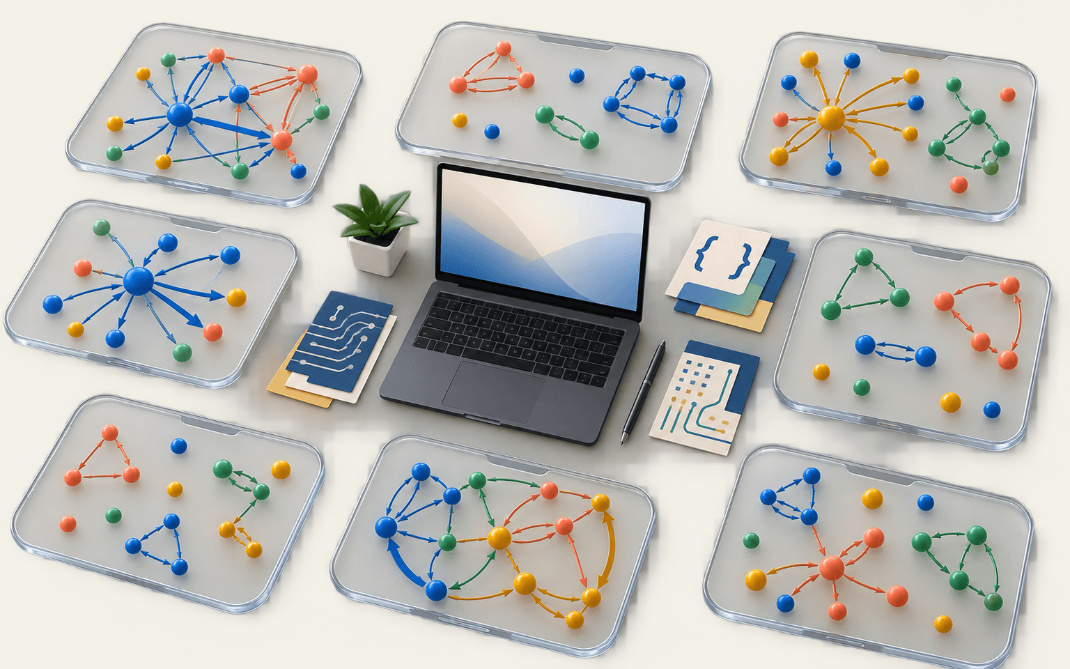 Overhead 3D editorial illustration of eight separate translucent phone-shaped group panels around a laptop, each showing a directed student support network with weighted lines, fragmented components, and isolated nodes beside computer science assignment cards
