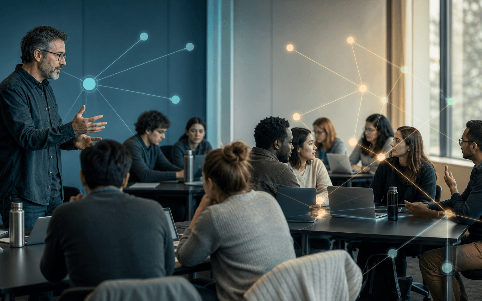 Photograph of an instructor and university students in a seminar room, with a network overlay shifting from teacher-centered to distributed peer coordination