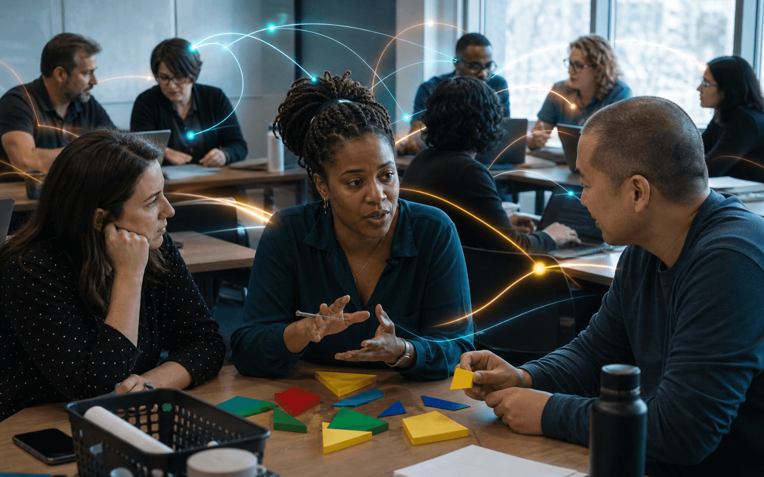 Photograph of mathematics teachers collaborating with manipulatives at workshop tables, connected by colored message paths