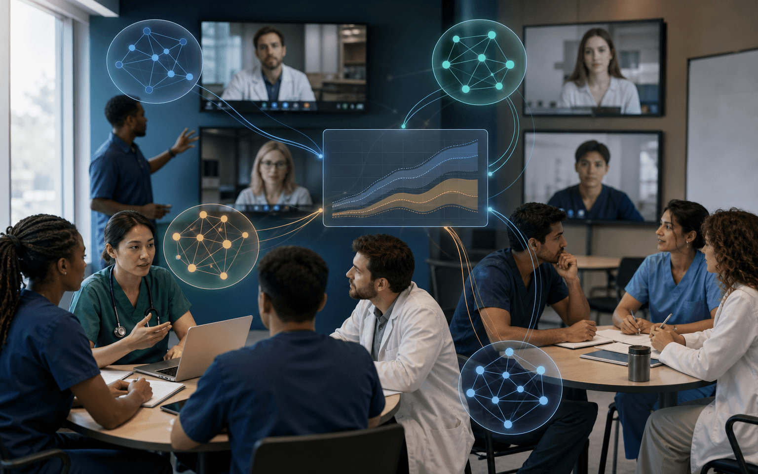 Photograph of medical students in hybrid problem-based learning groups, with four network overlays leading to an uncertainty display