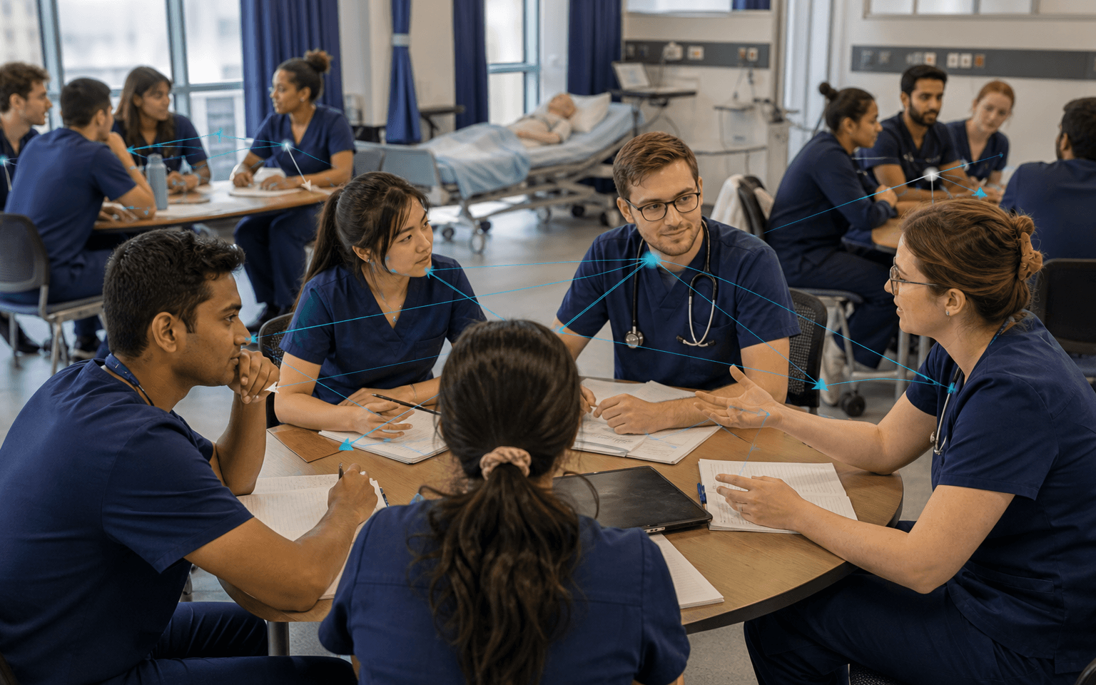 Photograph of medical students discussing cases in several small tutorial groups, with subtle directional interaction lines