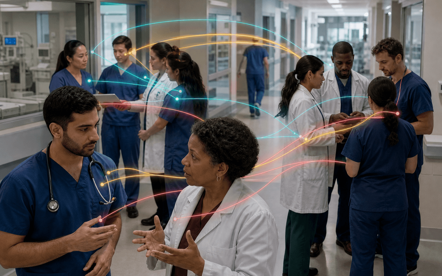 Photograph of trainee doctors consulting across hospital team huddles, with colored advice paths spanning the corridor