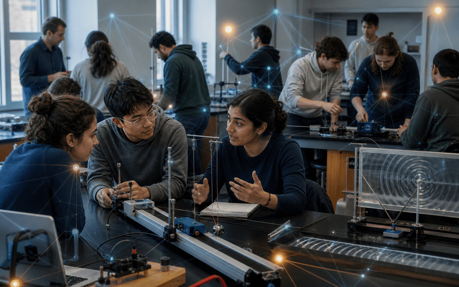 Photograph of university students collaborating at physics lab tables, with network lines and checkpoint lights across the classroom
