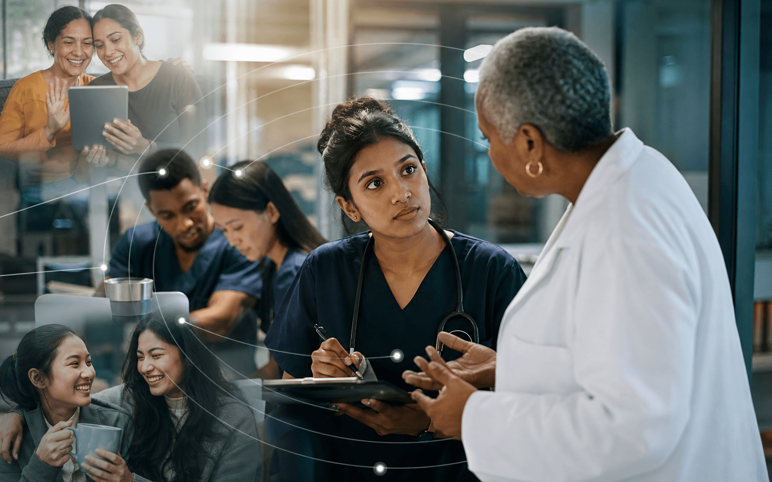 Photograph of a medical student receiving supervisor guidance, with peers, family, and friends connected through subtle ego-network rings