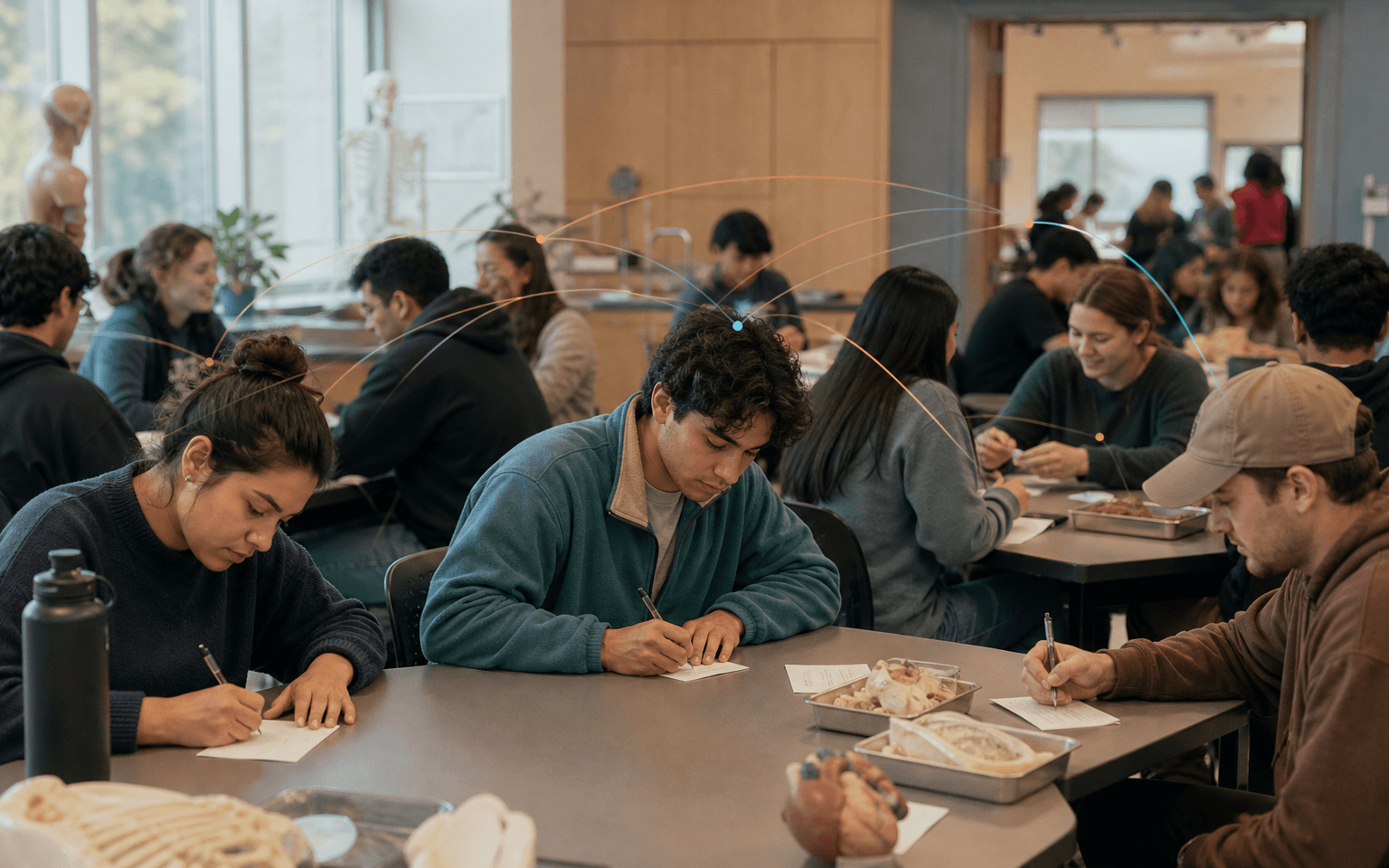 Photograph of biology students writing reflection cards at classroom tables, with new friendship ties crossing groups and a doorway behind them