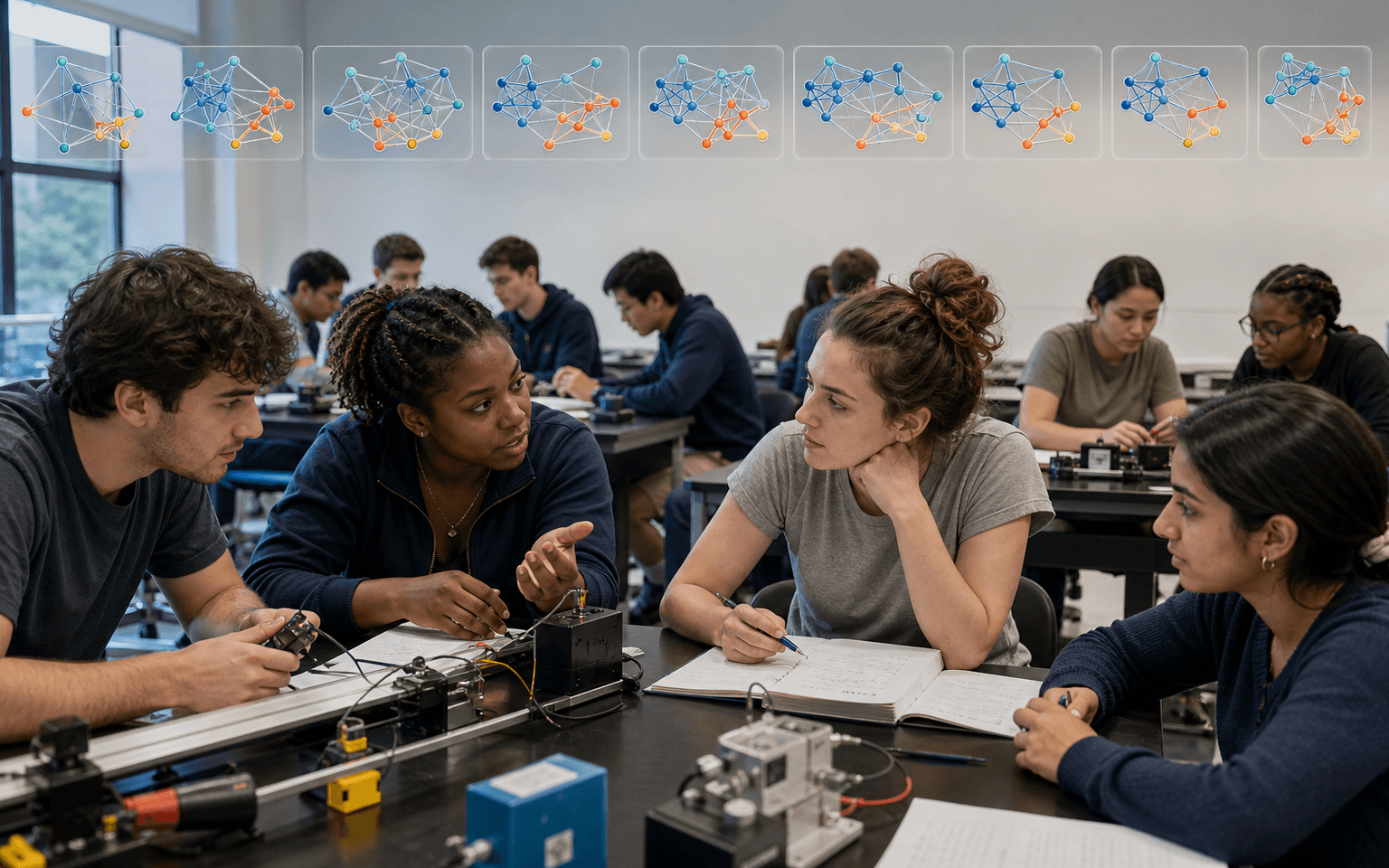 Photograph of students collaborating in a physics laboratory, with eight sequential network snapshots above the class