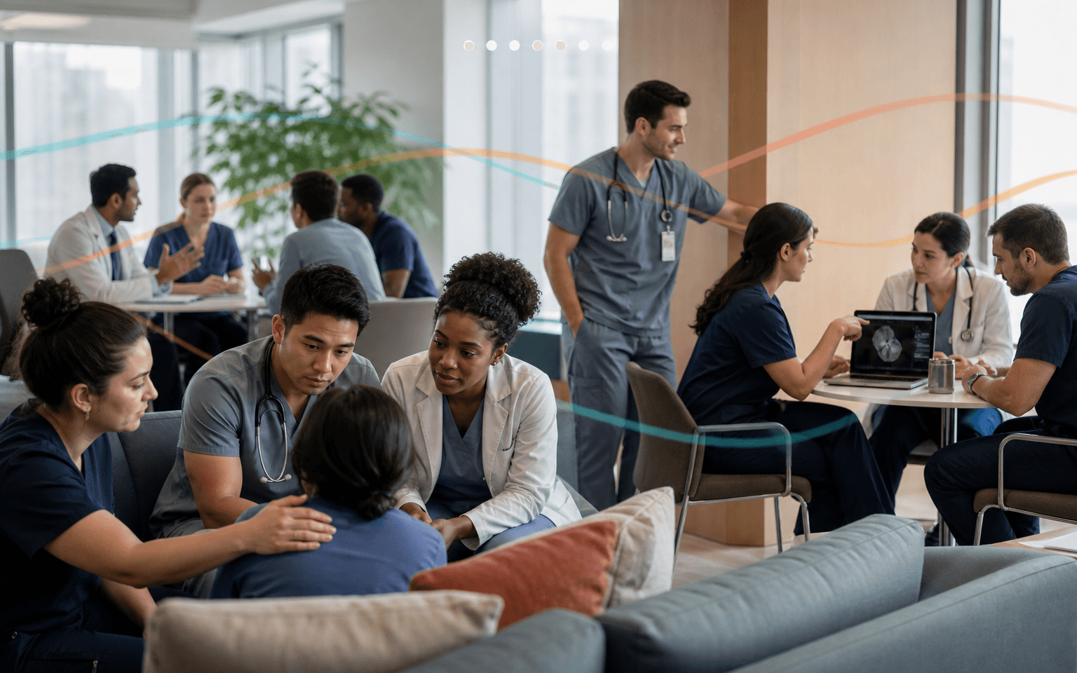 Photograph of resident physicians in several hospital lounge huddles, with colored relationship paths and seven observation markers