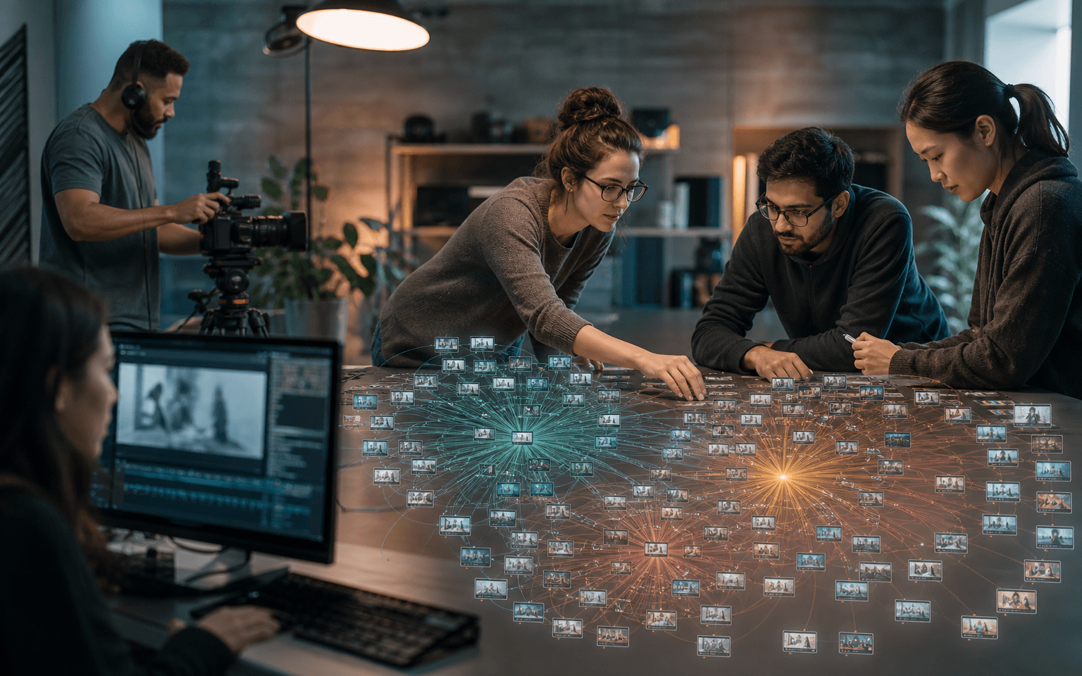 Photograph of educators and researchers in a media lab studying a large recommendation network of anonymous video thumbnails
