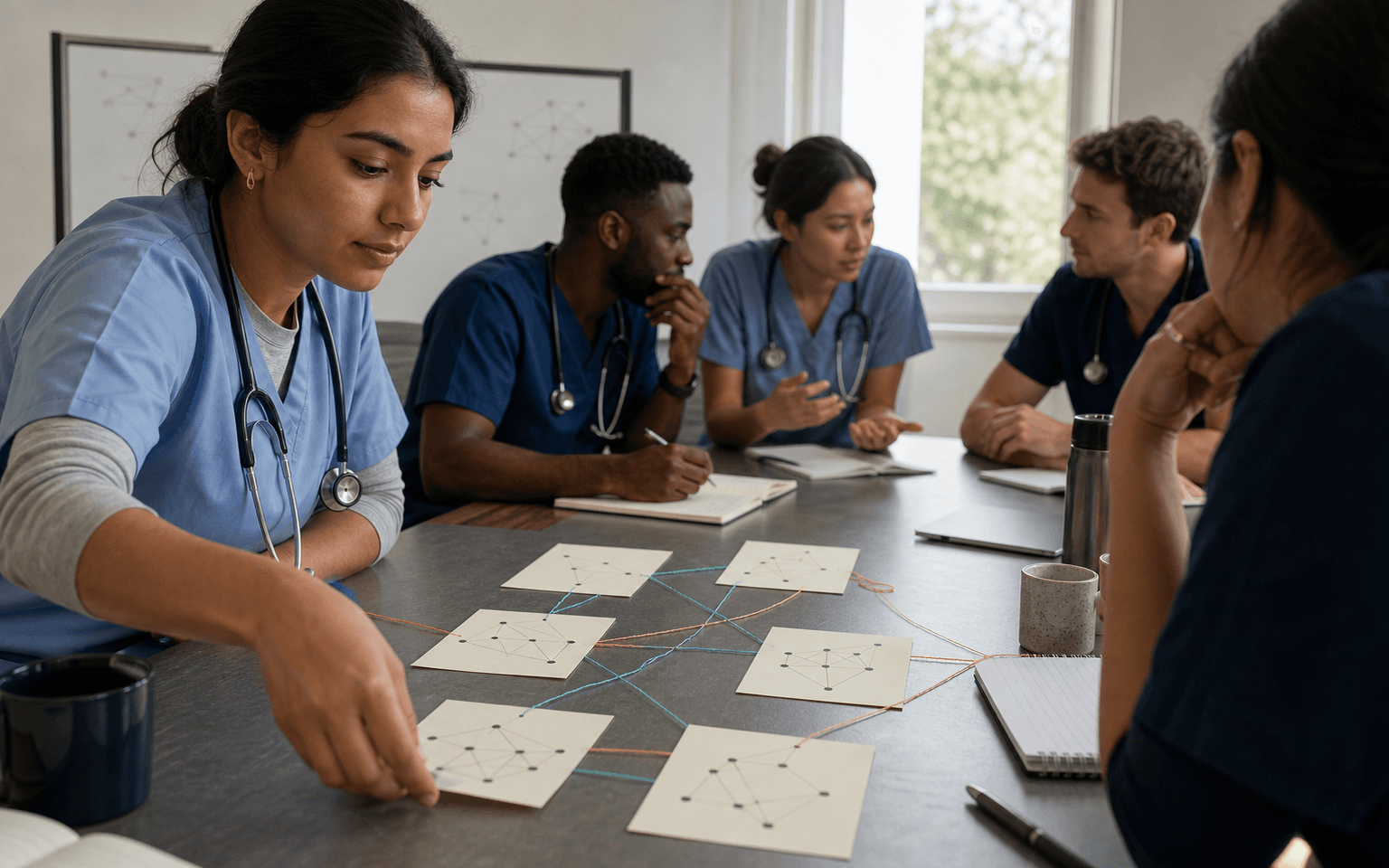 Photograph of medical students arranging seven hand-drawn sociogram cards during a reflective workshop