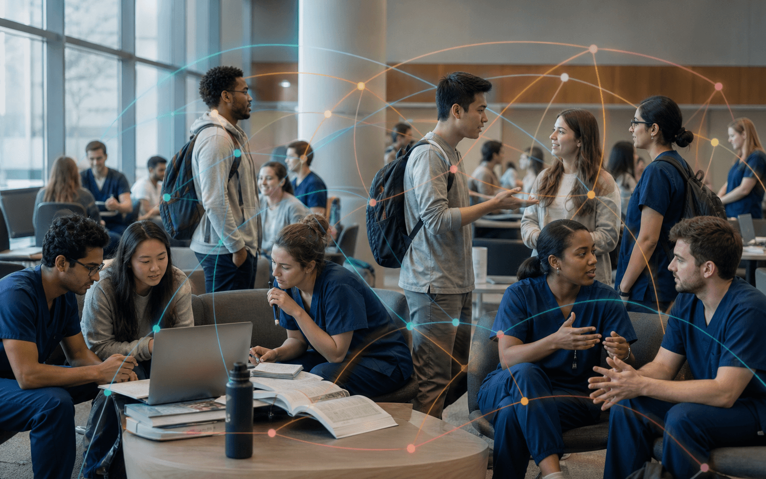 Photograph of medical students studying and socializing in a campus commons, with several colored relationship layers crossing groups