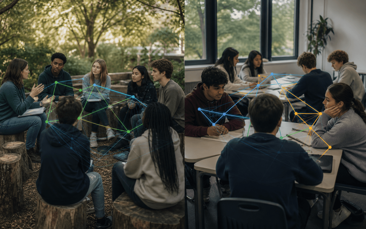 Side-by-side photograph of an outdoor student discussion circle and an indoor class, with contrasting peer-network overlays