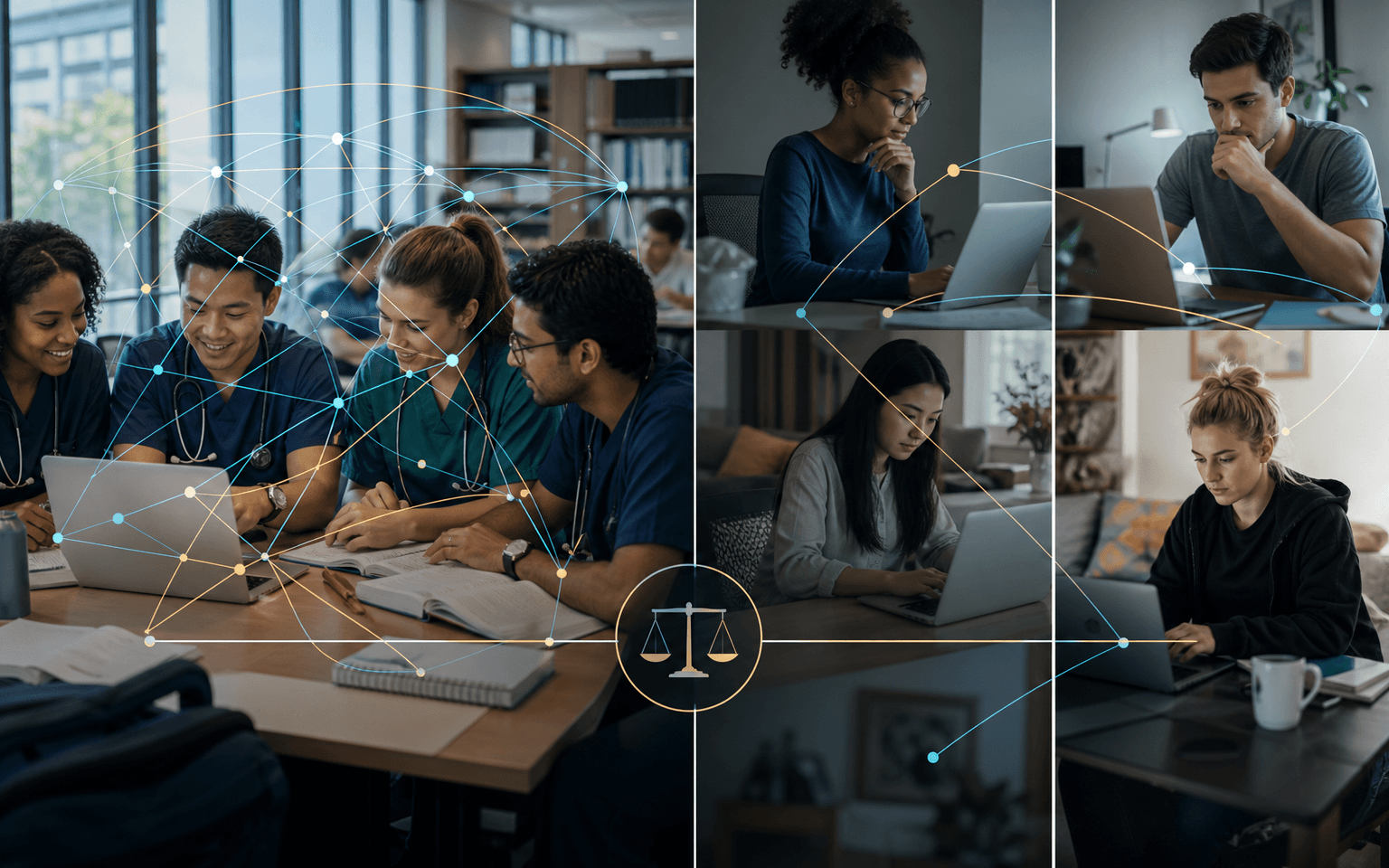 Split photograph of medical students studying together on campus and separately online, with dense and sparse network overlays