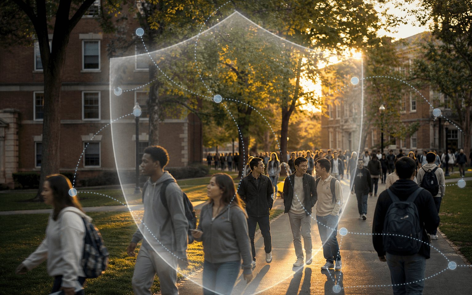 Photograph of students crossing a university quad at sunset, with anonymous dotted movement paths protected by a translucent shield