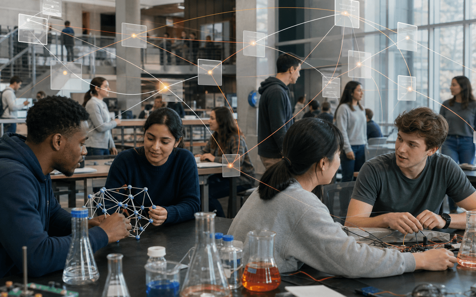 Photograph of STEM students working at interdisciplinary lab tables, with blank course cards and repeated co-enrollment ties above them