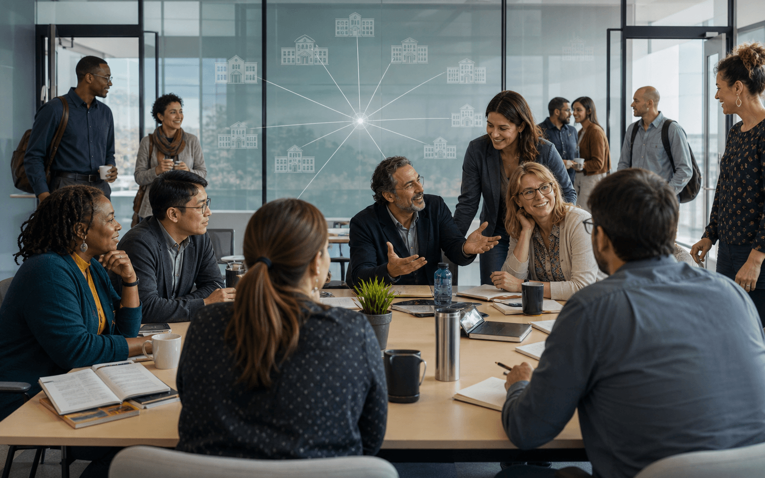 Photograph of teachers and researchers meeting around a shared table, with eight school symbols connected to a research hub