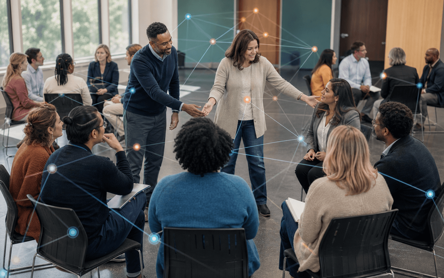 Photograph of school mental-health professionals meeting in separated groups, with two central brokers linking the network