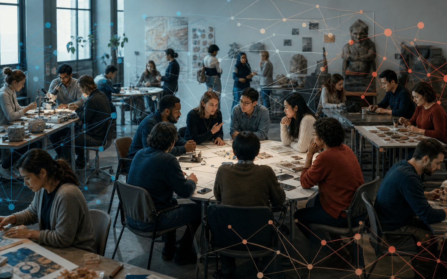 Photograph of an interdisciplinary graduate research workshop, with separate edge groups converging on a shared central table