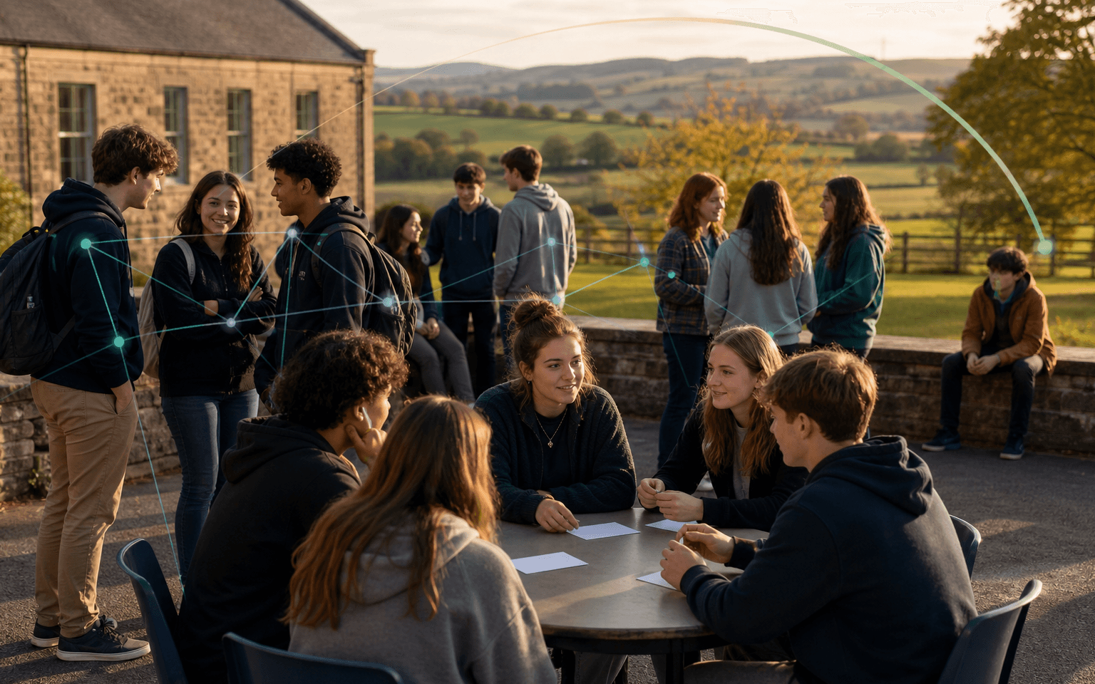 Photograph of student groups and an interview circle in a rural school courtyard, with one quieter student at the network edge