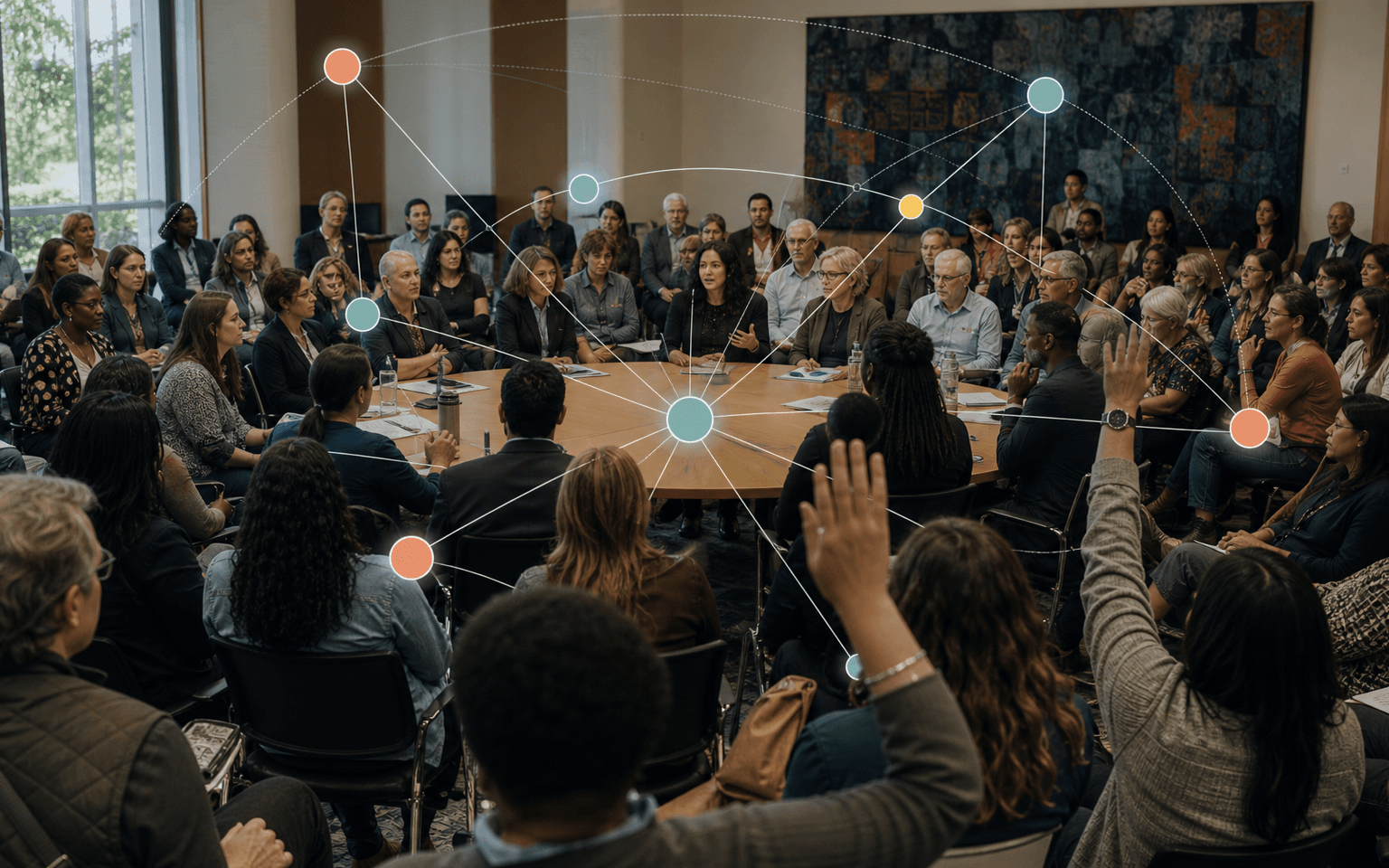 Photograph of a large university governance forum around a central roundtable, with raised hands and six community nodes